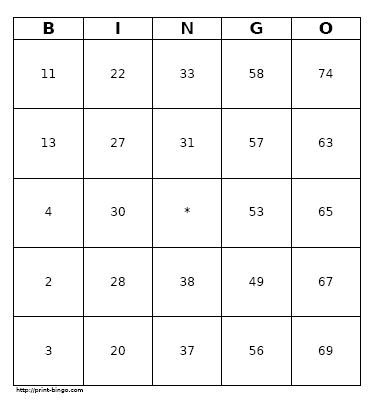 Numbered Bingo Card